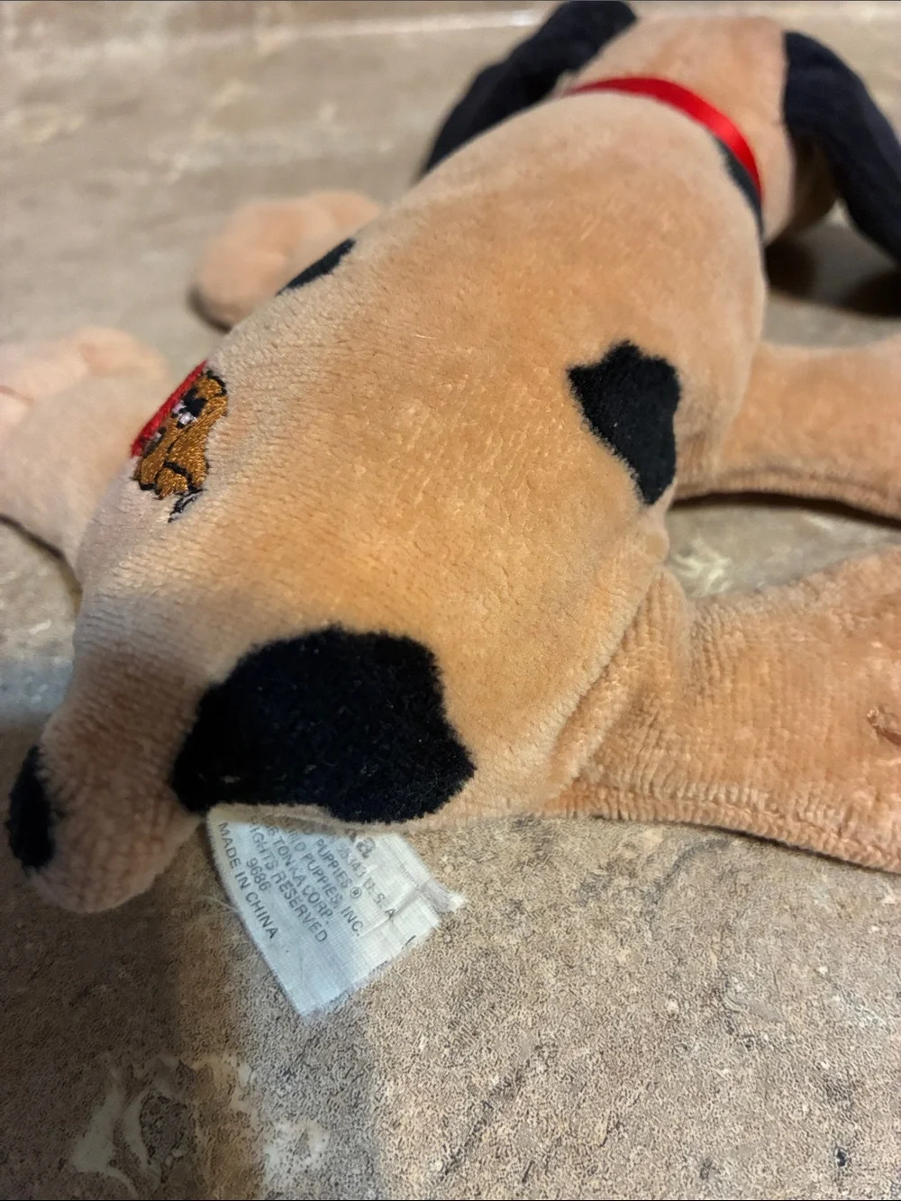 Pound Puppy 1998 Tan & Black Dog  with Red Collar - Pet Plush Toy